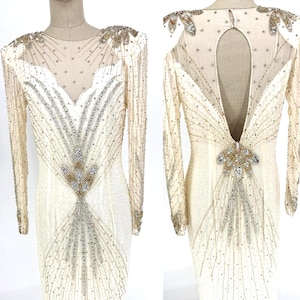 Sz 12//80er Jahre Perlen Paillettenkleid//Art Deco Abendkleid//Old Hollywood Glam//Vintage Brautmutterkleid Bild 1