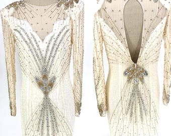 Sz 12//Ivory Vintage 80s Beaded Sequin Gown//Art Deco Champagne Crystal Evening Dress//Old Hollywood Glam//Vintage Bridal