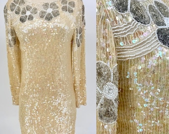 Sz S//Vintage Champagne Silk Sequin Cocktail Dress//Beaded Floral Glam Party Dress//Old Hollywood Sparkle Dress