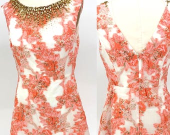 Sz 6//Coral Embroidered Cocktail Dress//Gold Beaded Neckline Floral Brocade Party Dress//Palm Beach Garden Party Glam