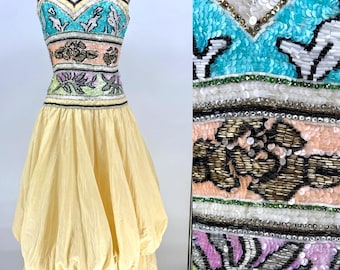 Sz 6//80s Victoria Royal Couture Gown//Heavily Beaded Strapless Ball Dress//Pastel Sequin Bustier & Yellow Silk Taffeta Bow Skirt