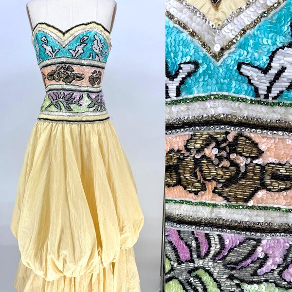 Sz 6//80s Victoria Royal Couture Gown//Heavily Beaded Strapless Ball Dress//Pastel Sequin Bustier & Yellow Silk Taffeta Bow Skirt