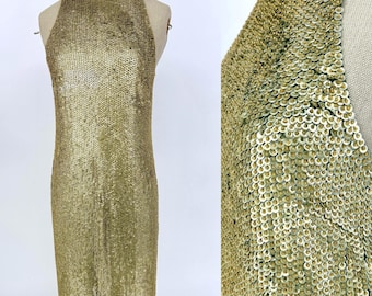 Sz M//Liquid Gold Vintage Krizia Disc Sequin Column Gown//Chainmail Illusion//High Slit Designer Statement Dress