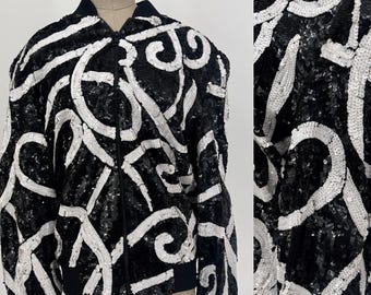 Size M//Vintage Black & White Sequin Bomber Jacket//80's Glam Sequin Jacket