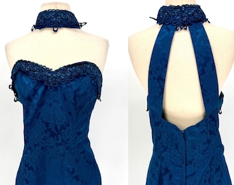 Sz 10//Vintage Scott McClintock Teal Halter Dress//90s Open Back Jacquard Cocktail Dress with Beaded Choker//Emerald Blue Green Prom Dress