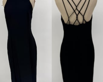 Sz 12//Strappy Elegant Black Dress//Minimalist Black Dress with Front Slit