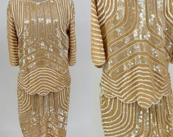 Vintage Shomax Sequin Two-Piece Set: Beige Ivory Art Deco Glamour (NWT)//Mother of Bride//Sz M