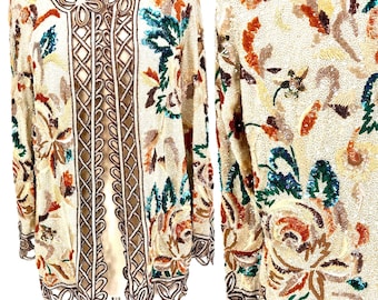 Sz 10//Vintage Riazee Hand Beaded Sequin Jacket//Ornate Cutout Trim Evening Coat//80s Embellished Art Nouveau Statement Jacket