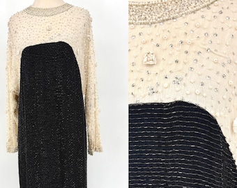 Vintage Judith Ann Perlen Kleid, Schwarze Ivory Perle Pailletten 80er Abendkleid, Plus Size Cocktail Party Kleid ( Sz 16-18)