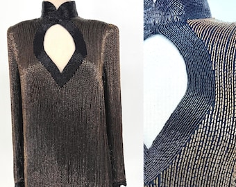 Vintage Steven Yearick Seide Perlenkleid, Schwarze Bronze Couture Cocktailkleid, Schwere Perlen Minikleid, Art Deco Glam Statement Kleid (Gr. M)