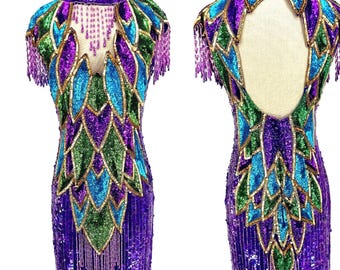 Sz 6//Vintage 80s Sequin Showgirl Gown//Purple Teal Green Gold Beaded Open Back Dress//Fringe Glam Mardi Gras Pageant Evening Dress