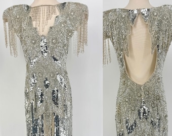Vintage Silber Pailletten Perlen Kleid, Kristall Fransen Kleid, Art Deco Glamour Abendkleid, Altes Hollywood Festzug Kleid (Größe 10)