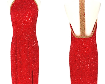 Vintage Schwarze Krawatte Rotes Paillettenkleid, Rückenfreies Neckholder Kleid, Gold Perlen Abendkleid, Alt Hollywood Glam Maxi Kleid (Gr. 8)