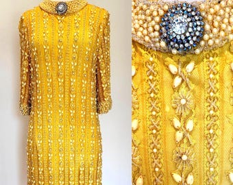Sz M//Rare Hollywood Regency 1960s Pearl Beaded Dress//Golden Cocktail Vintage Dress//Heavily Embellished Yellow Rhinestone Evening Gown