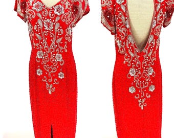 Sz 14//Vintage Red Sequin Gown//Silver Beaded Open Back Evening Dress//Old Hollywood Glam