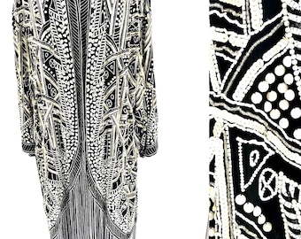 Sz 18//Vintage Judith Ann Beaded Kimono Jacket//Black & Ivory Art Deco Sequin Duster//Pearl Embellished Glam Fringe Evening Jacket