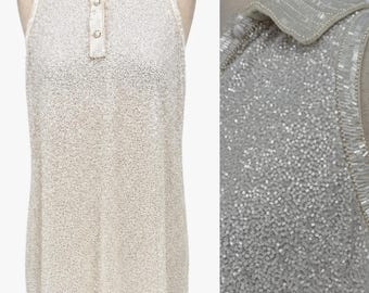 Vintage Bob Mackie weißes Perlenkleid, stark perlenbesetztes Etuikleid, seltenes Etuikleid mit Kragen (Größe 12)