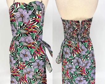 Sz 11//Vintage 90s Rafferty Tropical Halter Dress//Black Floral Mini Sundress//Retro Summer Resort Dress