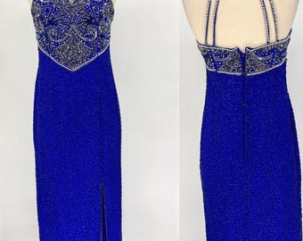 Vintage Kobalt Blau Perlen Neckholder Kleid, Pailletten Festzug Kleid, 90er Jahre Glam Abendkleid, Strass Abendkleid (Gr. S)