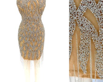 Sz 4//Silver Rhinestone Fringe Cocktail Dress//Intricate Beaded Straps