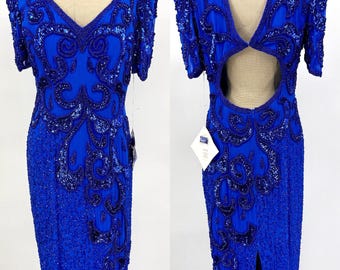 Sz L//Vintage Shomax Cobalt Blue Beaded Gown//Dramatic Open Back Sequin Electric Blue Formal Glam Dress
