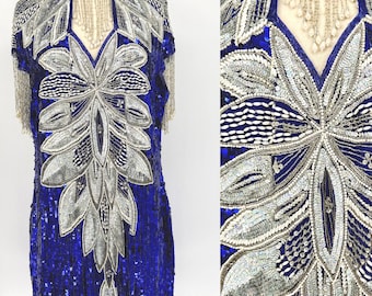 Vintage Hellblaues Pailletten-Fransen-Kleid, silbernes Art-Deco-Perlen-Kleid mit Fransen (Gr. XL)