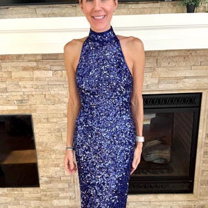 Vintage Lillie Rubin Purple Sequin Halter Gown, Beaded Strappy Back Dress, 80s Glamorous Evening Dress