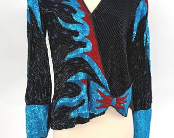 Vintage Disco Glam Beaded Top, Teal Red Black Wrap Top with Bow, 80s Designer Glam Cocktail Top (Sz M)