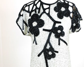 Vintage Beaded Cutout Sleeve Dress, Black White Floral Beaded Cocktail Dress, 80s Glam Formal Dress (Sz S)