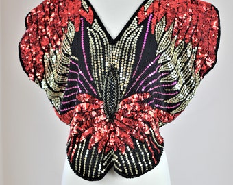 Bright Sequin Butterfly Silk Party Top, Red Kimono Glam Beaded Top (S)