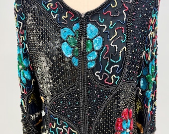 Sz M//Beautiful Floral Detail Sequin Jacket//Vintage Colorful Beaded Jacket