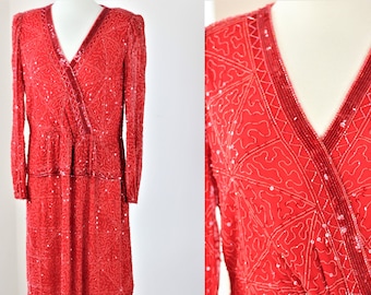Sz M // Vintage rote Pailletten Judith Ann Creations // berühmte Seidenkleid mit V-Ausschnitt