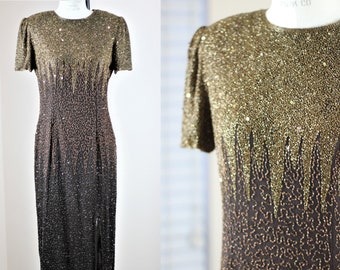 Sz M// Vtg Brown Sequin Long gown// Modest silk beaded clothing