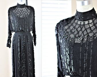 Sz 6//Edwardian Style Seide Perlen Kleid// Braut Stil Pailletten Glasperlen WOW!