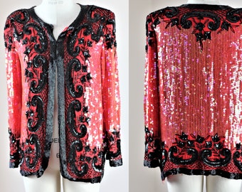 Sz S//Shimmering Red & Black Sequin Beaded Jacket//Vintage Glam Red Silk