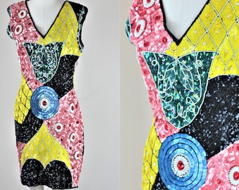 Sz M// Heavily Embellished Funky Sequins Beads Dress// Abstract Heavily beaded