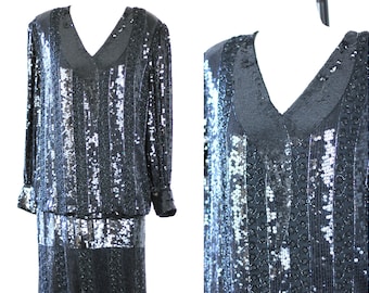 Plus Sz 1X// Judith Ann Creations Black Sequin beaded// Flapper Gatsby gown dress