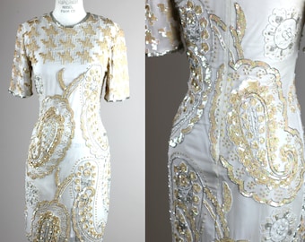 Sz XS// Vintage Sequin Beaded Dress// Ivory Silver formal//80's Cocktail Dress