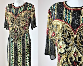 Sz M//Vintage Baroque Beaded Sequin Dress//Black Gold Red Power Glam//Unique Hand-beaded Party Dress