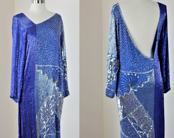 Sz S//Royal Blue Heavily Beaded Sequin Dress//Dramatic Open Back //Gatsby Style Dress