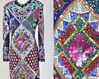 Sz 12//Vintage Naeem Khan Riazee kleurrijke jurk met zware kralen//Lange mouwen paillettenjurk met fantastisch ontwerp