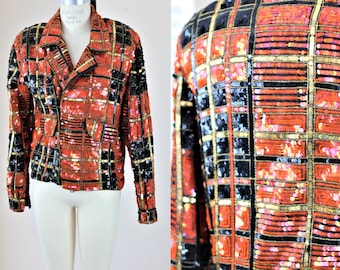 Talla M // Chaqueta vintage con estampado de cuadros negros, naranjas y dorados // Chaqueta estilo bomber de los 80 con cuentas estilo disco glamoroso para fiestas