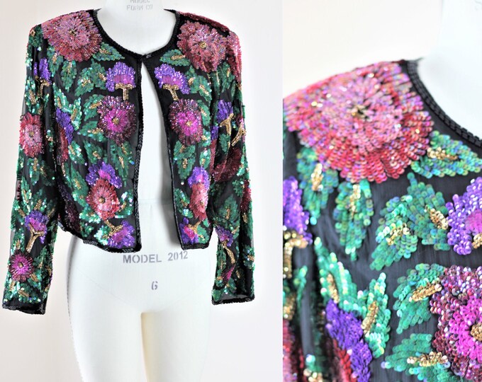 Sz PXL// Petite Colorful Sequin Jacket// Beaded Silk WOW - Etsy