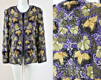 Sz L// Gold Purple Vtg heavily beaded jacket// Formal evening sequins