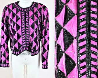 Sz M// Beautiful Fuchsia and Black Geometric Pattern Sequin Jacket//Funky and Bold Glam Jacket
