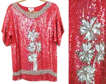 Talla M // Top de fiesta rojo con lentejuelas vintage // Top de manga corta de seda con cuentas plateadas