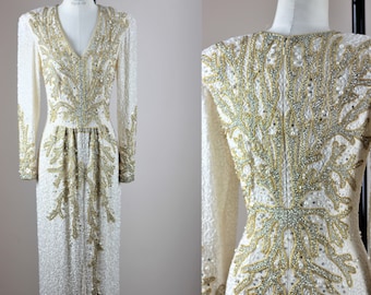 Sz  6// Heavily Beaded Formal Gown// Pearl beaded embellished Wedding dress