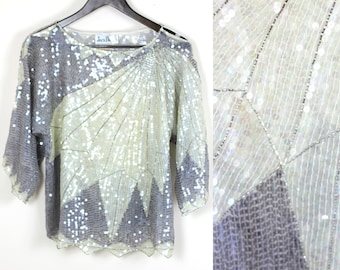 Sz 6//Silver Sequin Disco Top//Vintage Silk Top with Beads by Jack Bryan