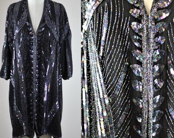 Sz L//Long Black Sequin Beaded duster// Iridescent Color Sequin coat// long jacket