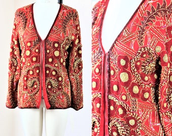 Sz M//Vintage Red Jacket with Gold Beaded Design//Beautiful Silk Beaded Jacket